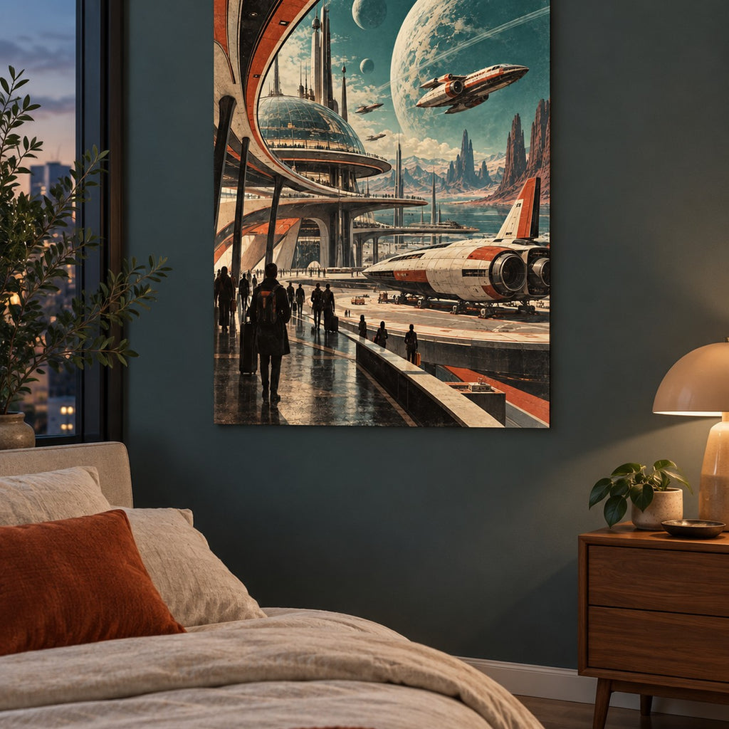 Retro Future Spaceport metal wall art — retro bedroom