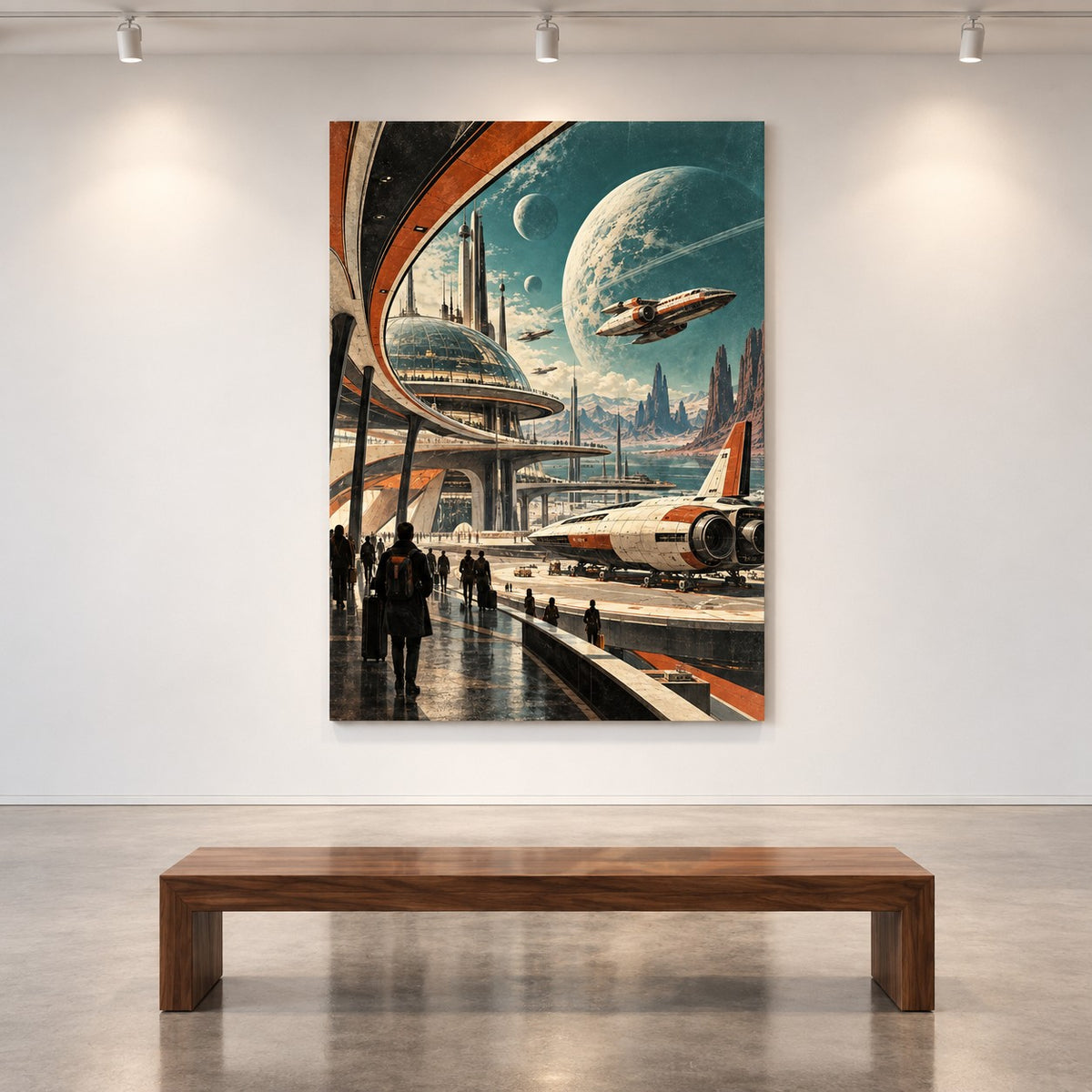 Retro Future Spaceport metal wall art — gallery display