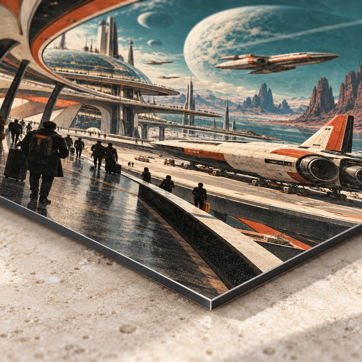 Retro Future Spaceport metal wall art — close-up bottom corner