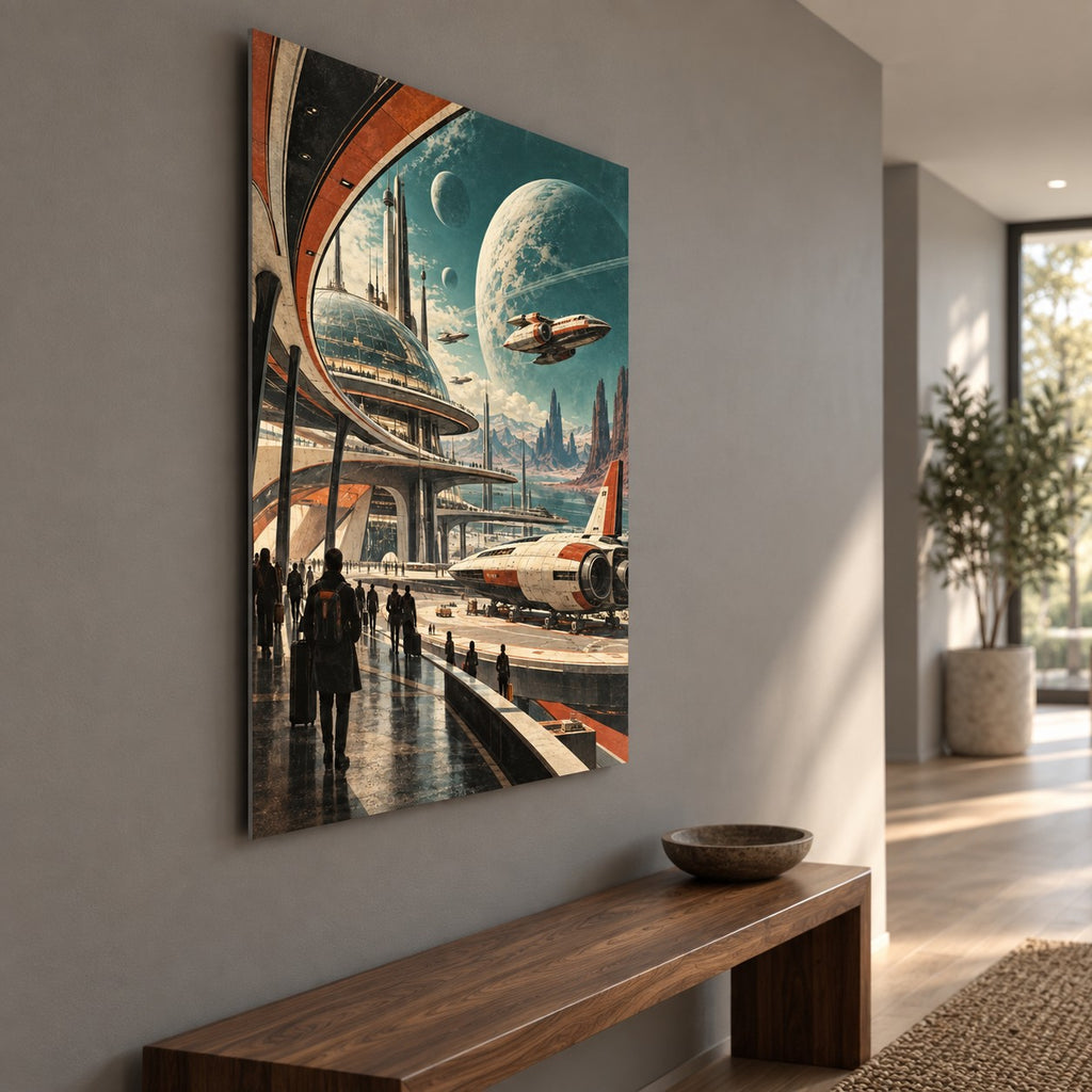 Retro Future Spaceport metal wall art — side angle