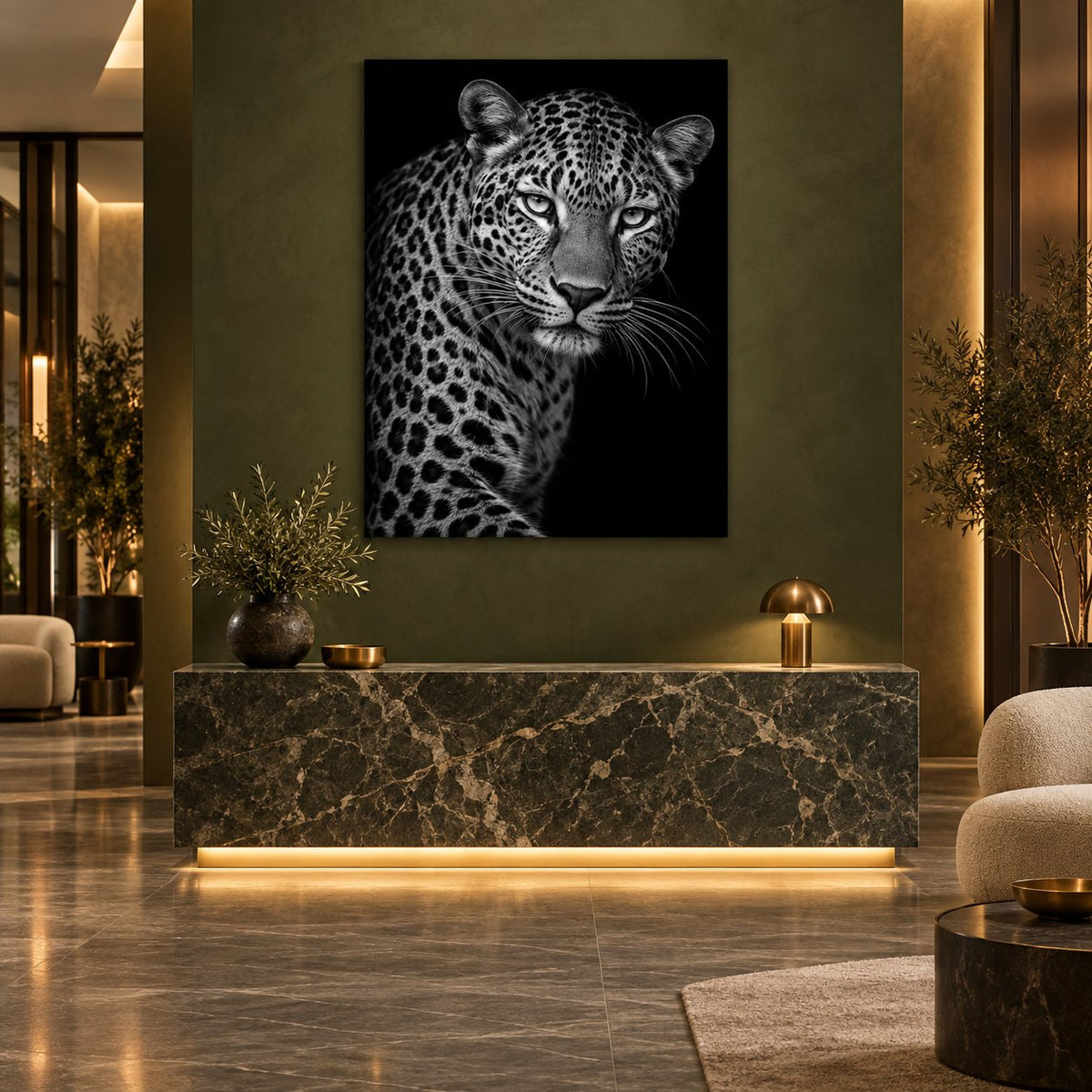 Monochrome Leopard Animal Metal Wall Art — olive hotel lobby