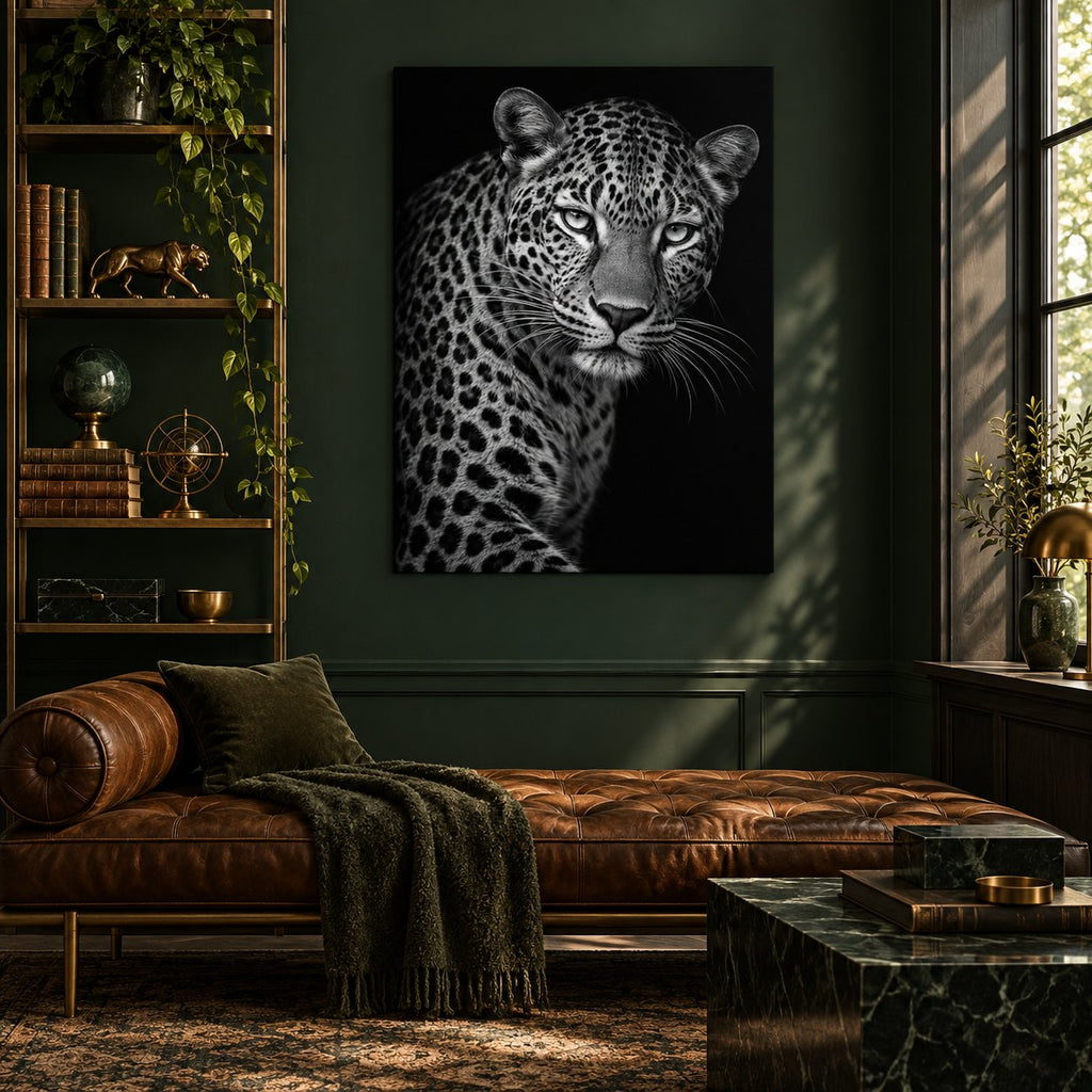 Monochrome Leopard Animal Metal Wall Art — dark green collectors study