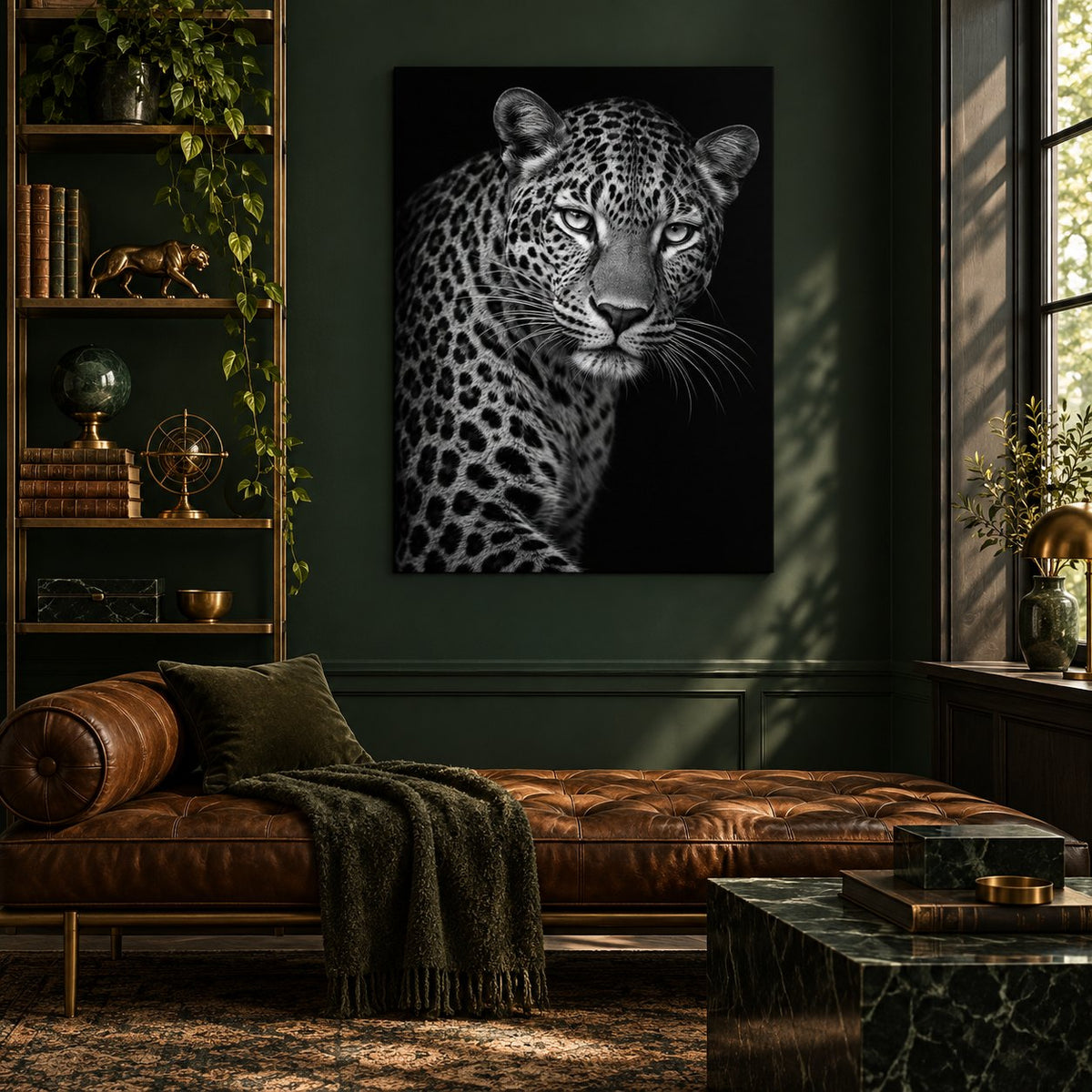 Monochrome Leopard Animal Metal Wall Art — dark green collectors study