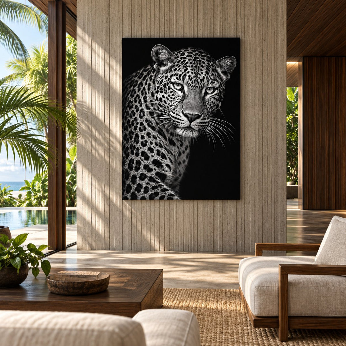 Monochrome Leopard Animal Metal Wall Art — tropical concrete villa