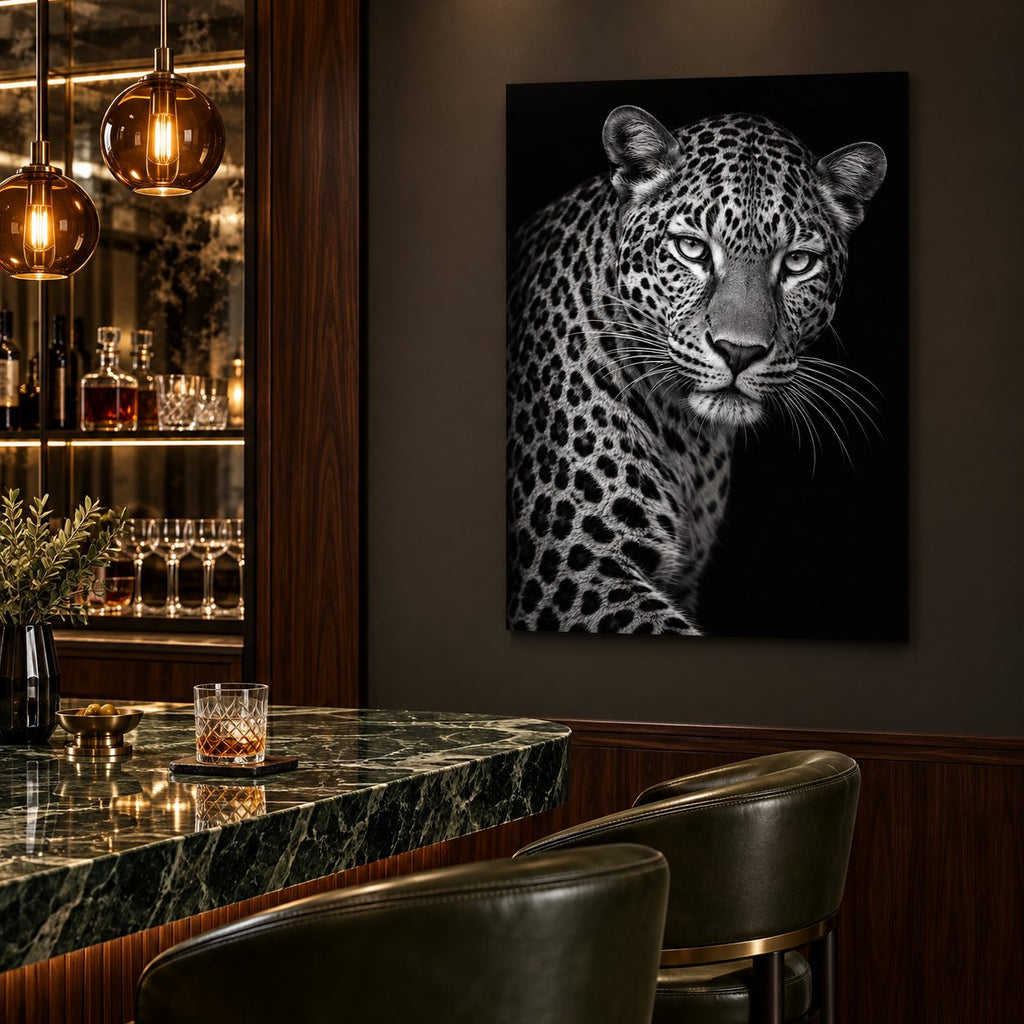 Monochrome Leopard Animal Metal Wall Art — private cocktail bar