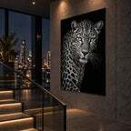 Monochrome Leopard Animal Metal Wall Art — side angle highrise stair
