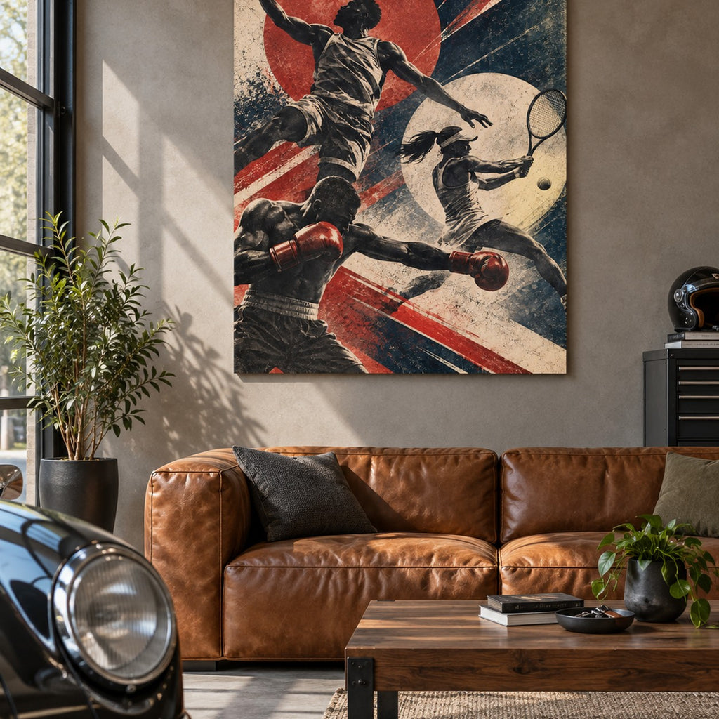 Vintage Multi-Sport metal wall art — modern garage lounge