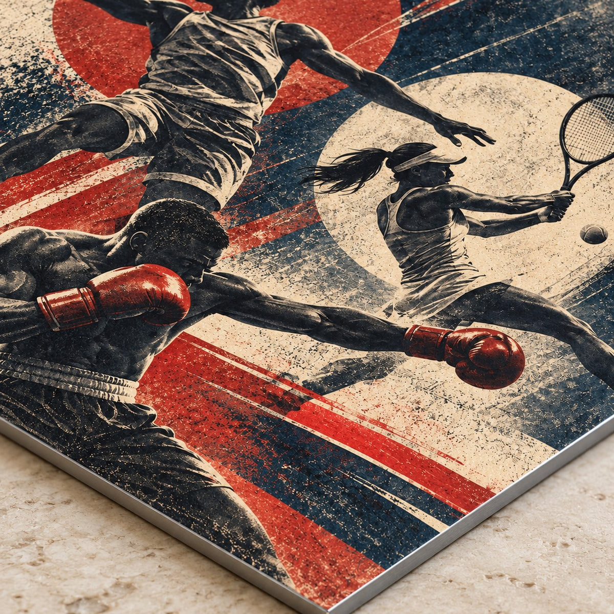Vintage Multi-Sport metal wall art — close-up bottom corner