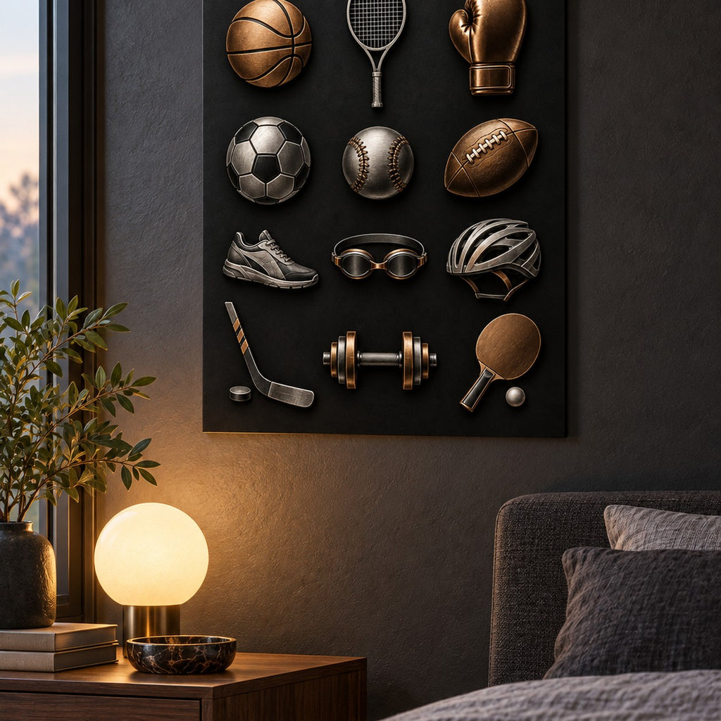 Minimal Sports Icons metal wall art — dark bedroom