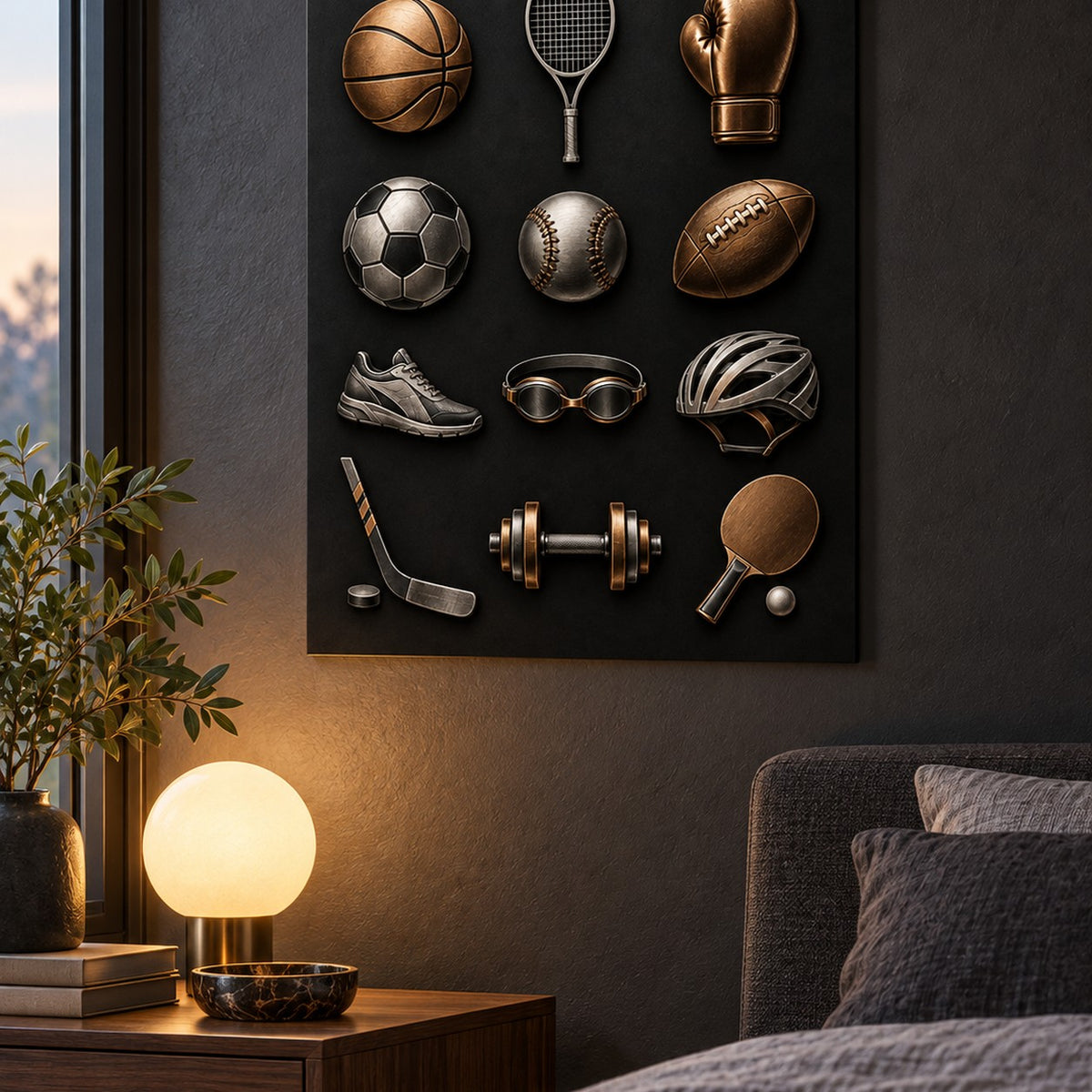 Minimal Sports Icons metal wall art — dark bedroom
