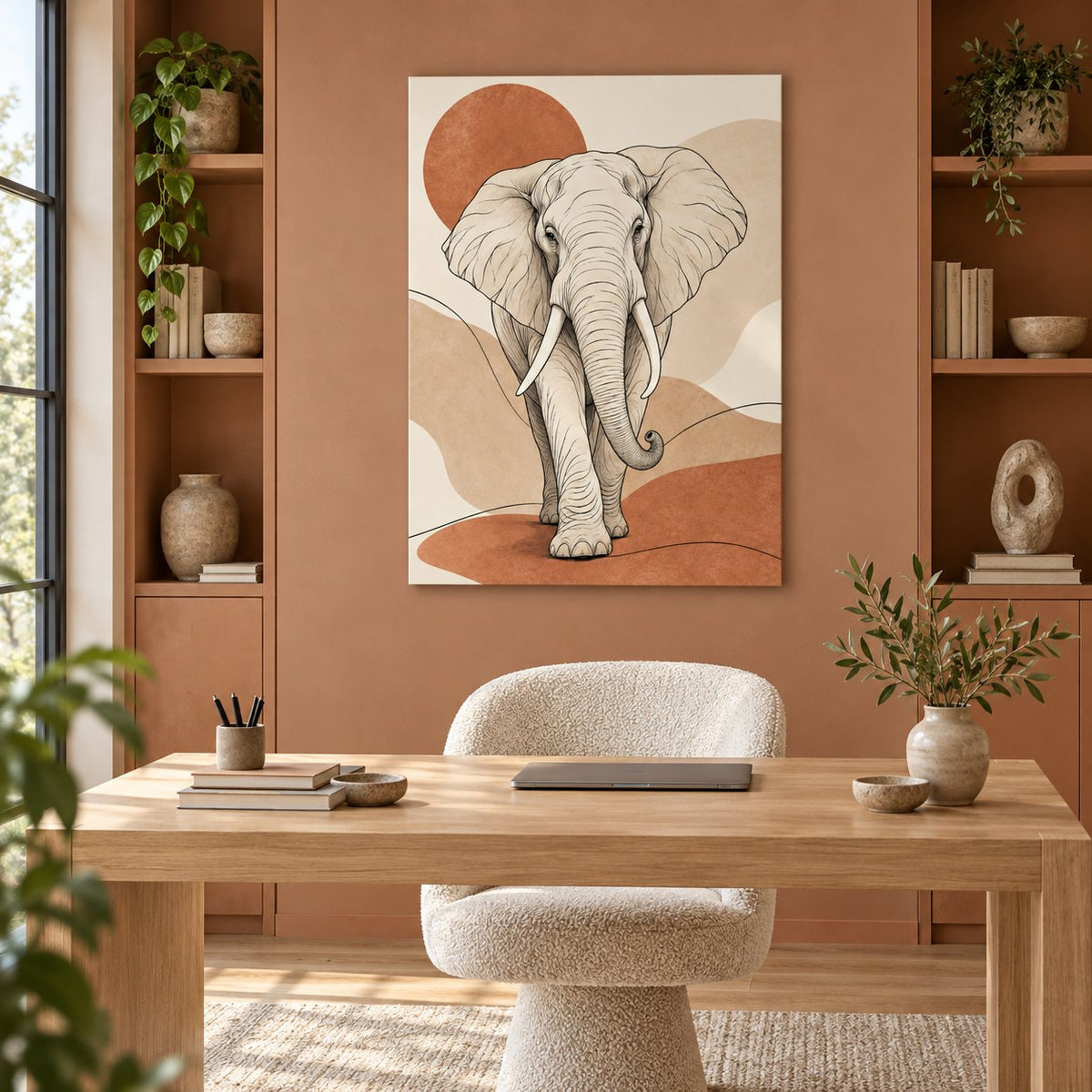 Safari Elephant Line Art Metal Wall Art — clay home office