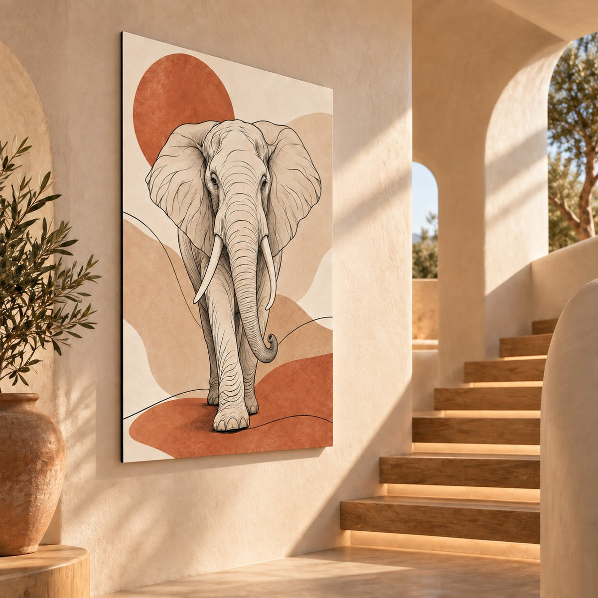Safari Elephant Line Art Metal Wall Art — side angle adobe stair