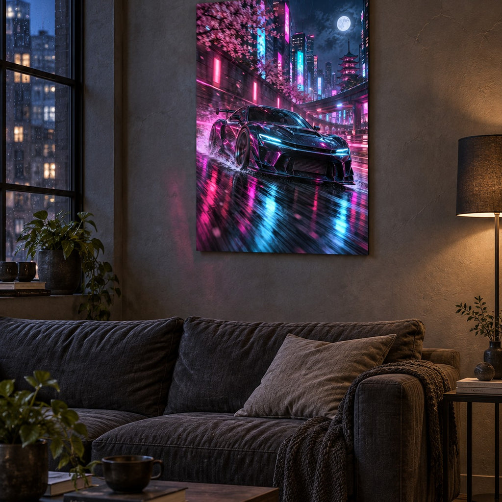 Neon JDM Night Drive Car Metal Wall Art — image 1