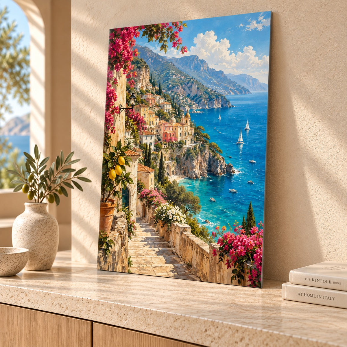 Vintage Amalfi Coast Landscape Metal Wall Art displayed in a styled interior