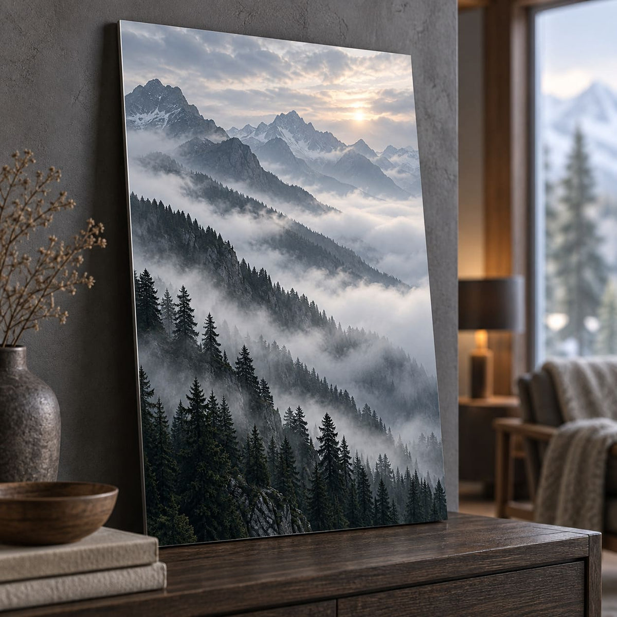 Foggy Mountain Landscape Metal Wall Art displayed in a styled interior