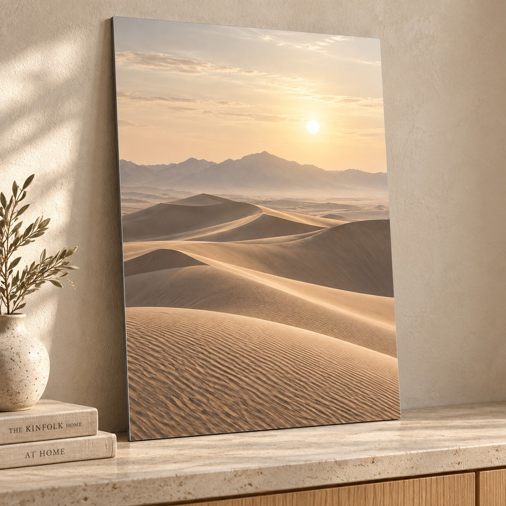 Neutral Desert Horizon Landscape Metal Wall Art displayed in a styled interior
