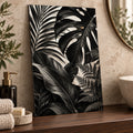 Bathroom Wall Art – Black Botanical Leaves Metal Print displayed in a styled interior