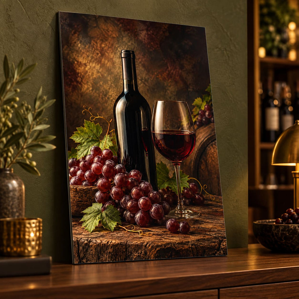 Vintage Wine Kitchen Wall Art on Metal displayed in a styled interior