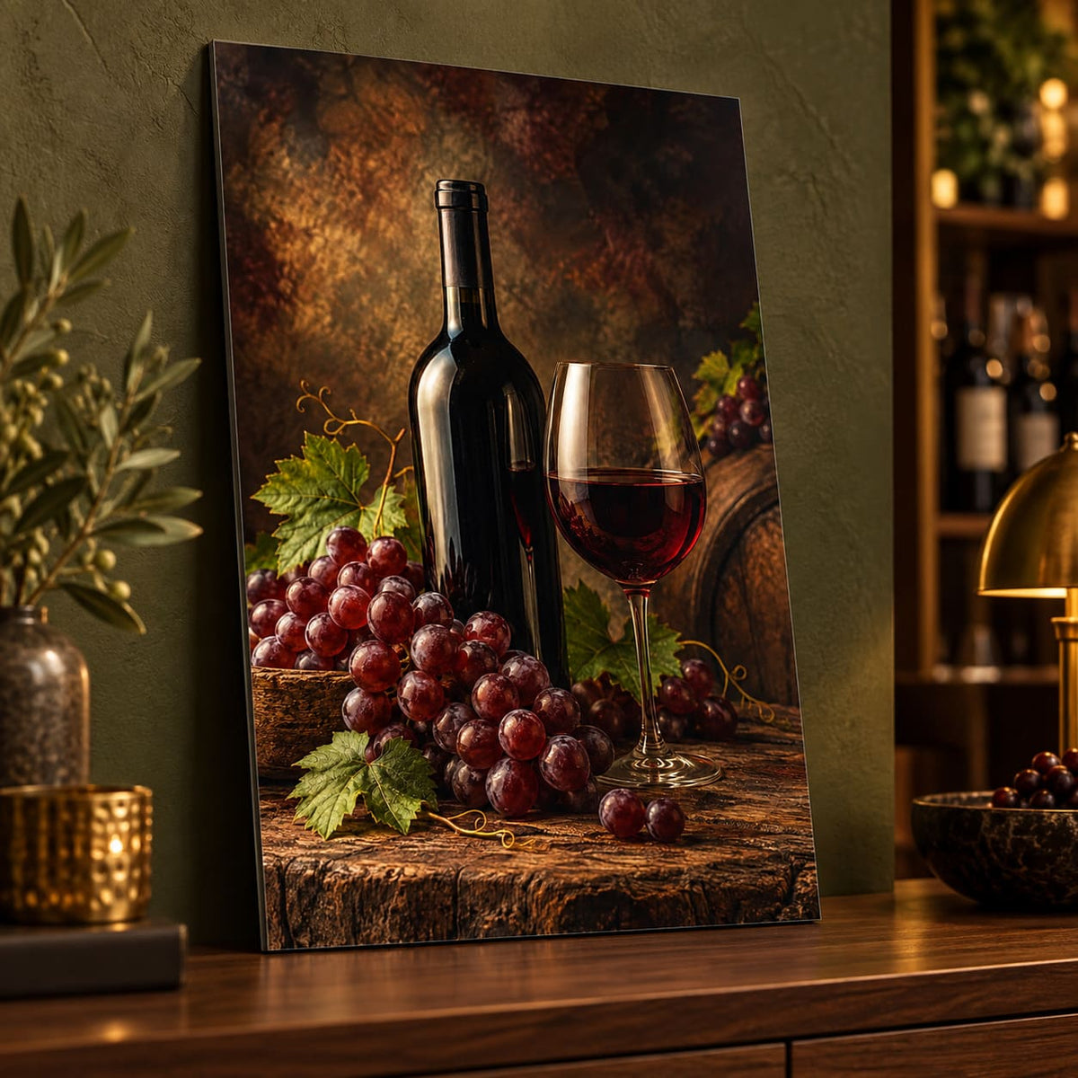 Vintage Wine Kitchen Wall Art on Metal displayed in a styled interior