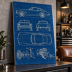 Classic Sports Car Blueprint Metal Wall Art displayed in a styled interior