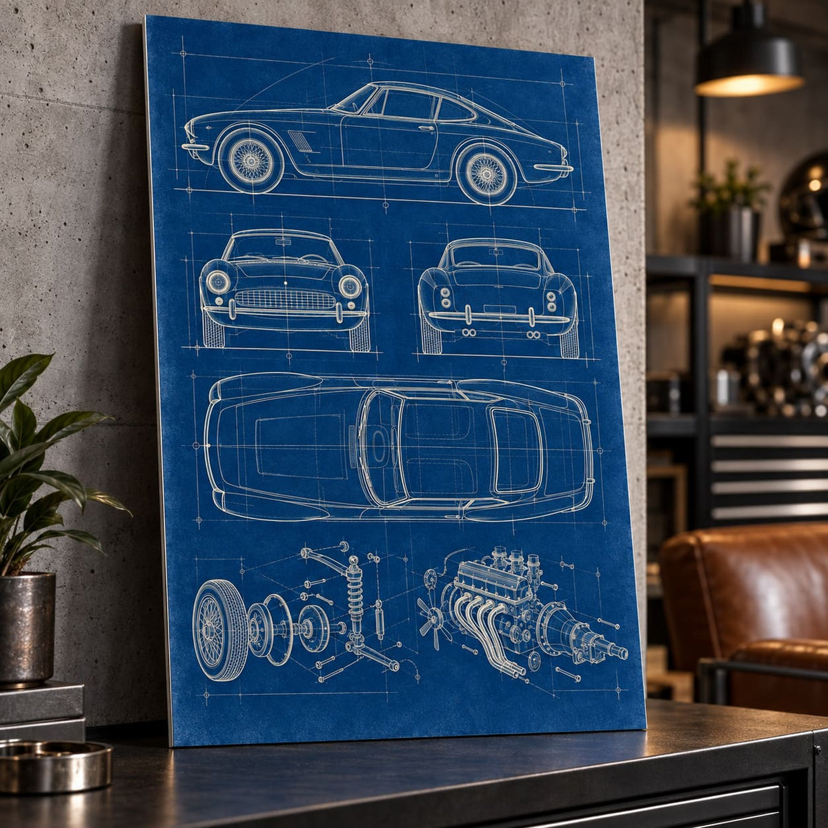 Classic Sports Car Blueprint Metal Wall Art displayed in a styled interior