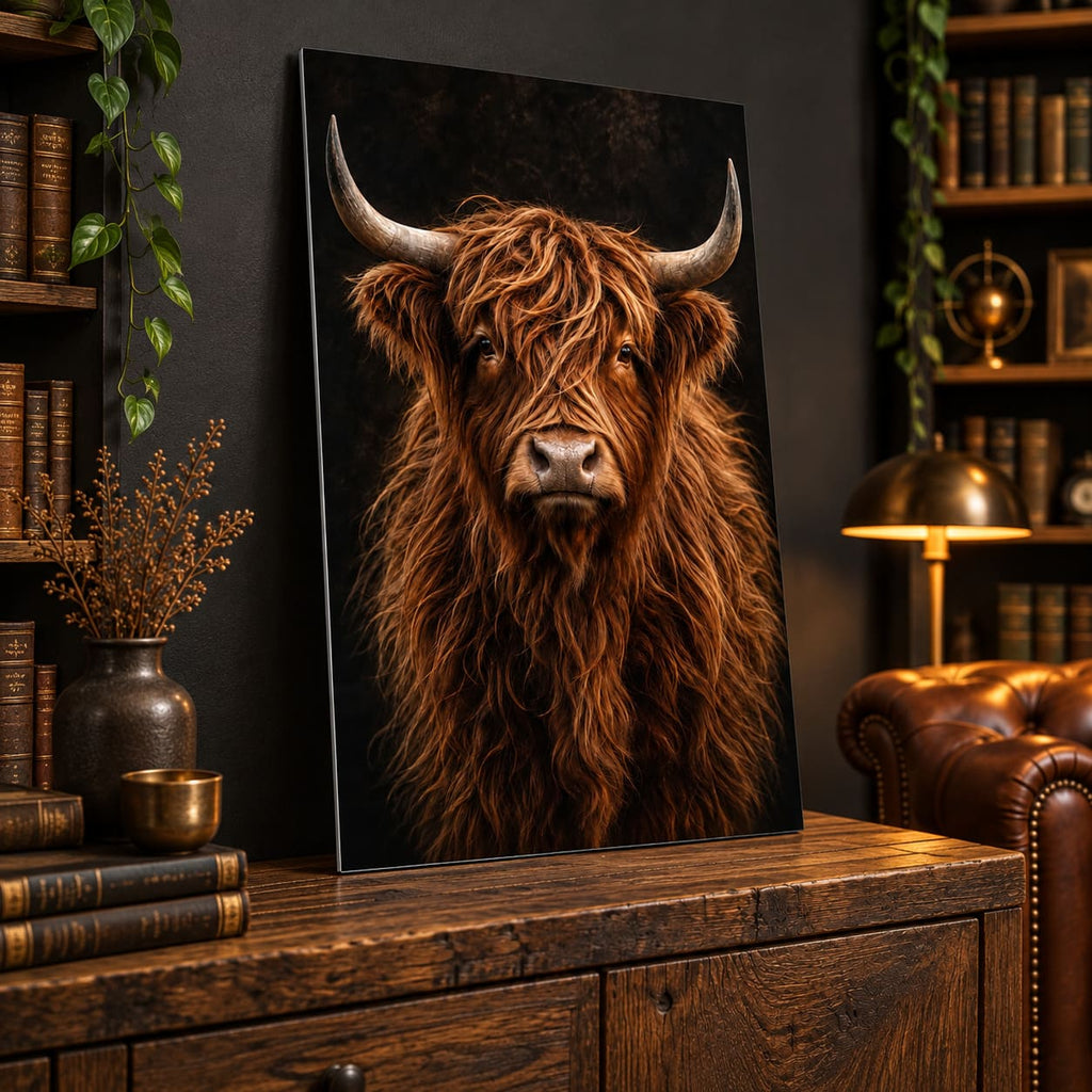 Highland Cow Wall Art – Dark Metal Portrait displayed in a styled interior