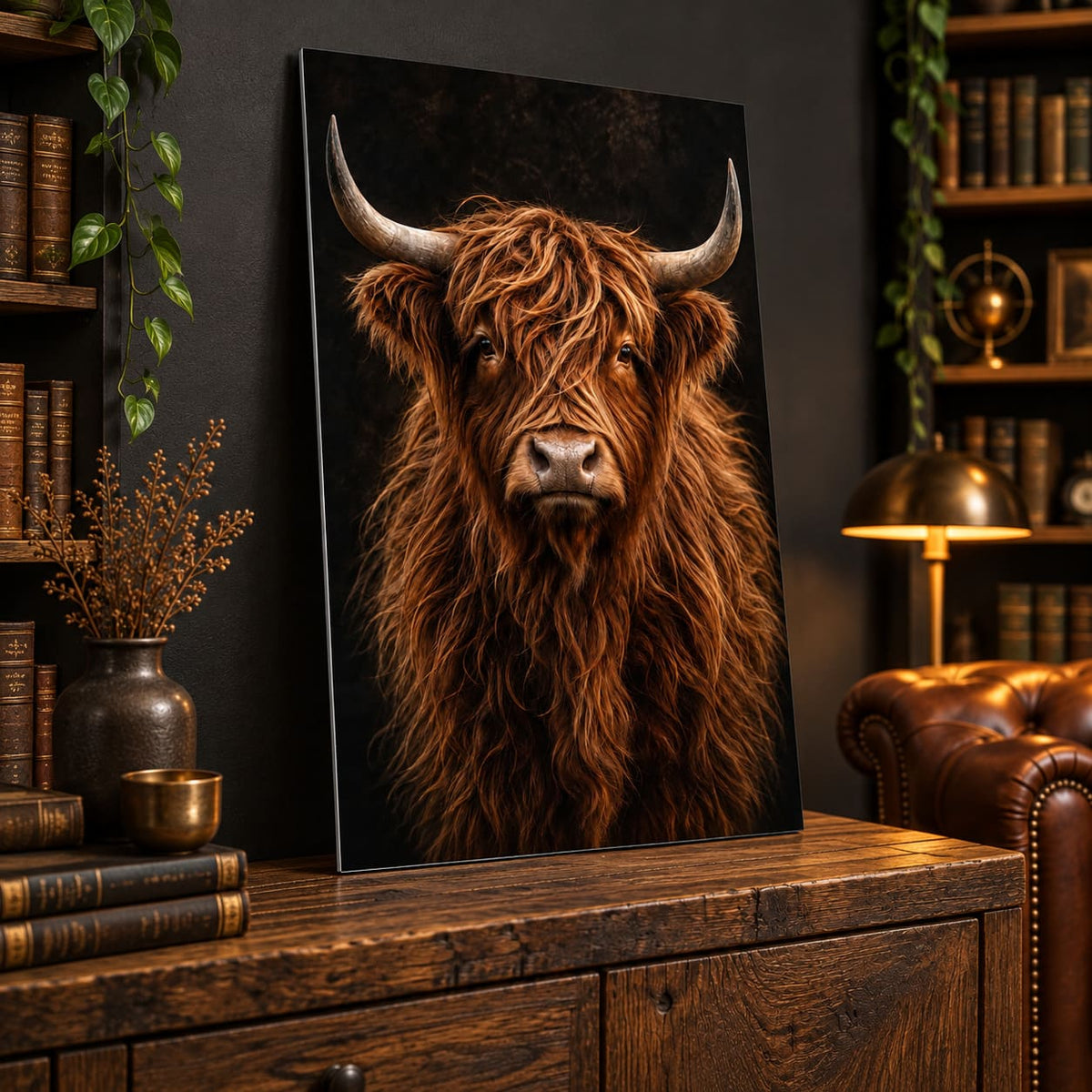 Highland Cow Wall Art – Dark Metal Portrait displayed in a styled interior