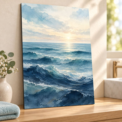 Bathroom Wall Art – Minimal Ocean Waves Metal Print displayed in a styled interior