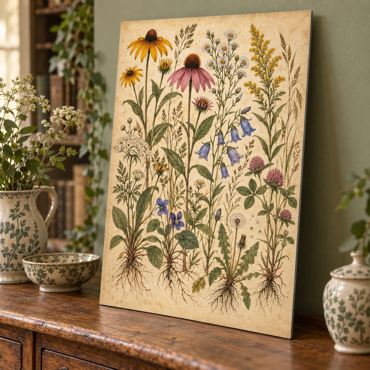 Vintage Botanical Wildflowers Metal Wall Art displayed in a styled interior