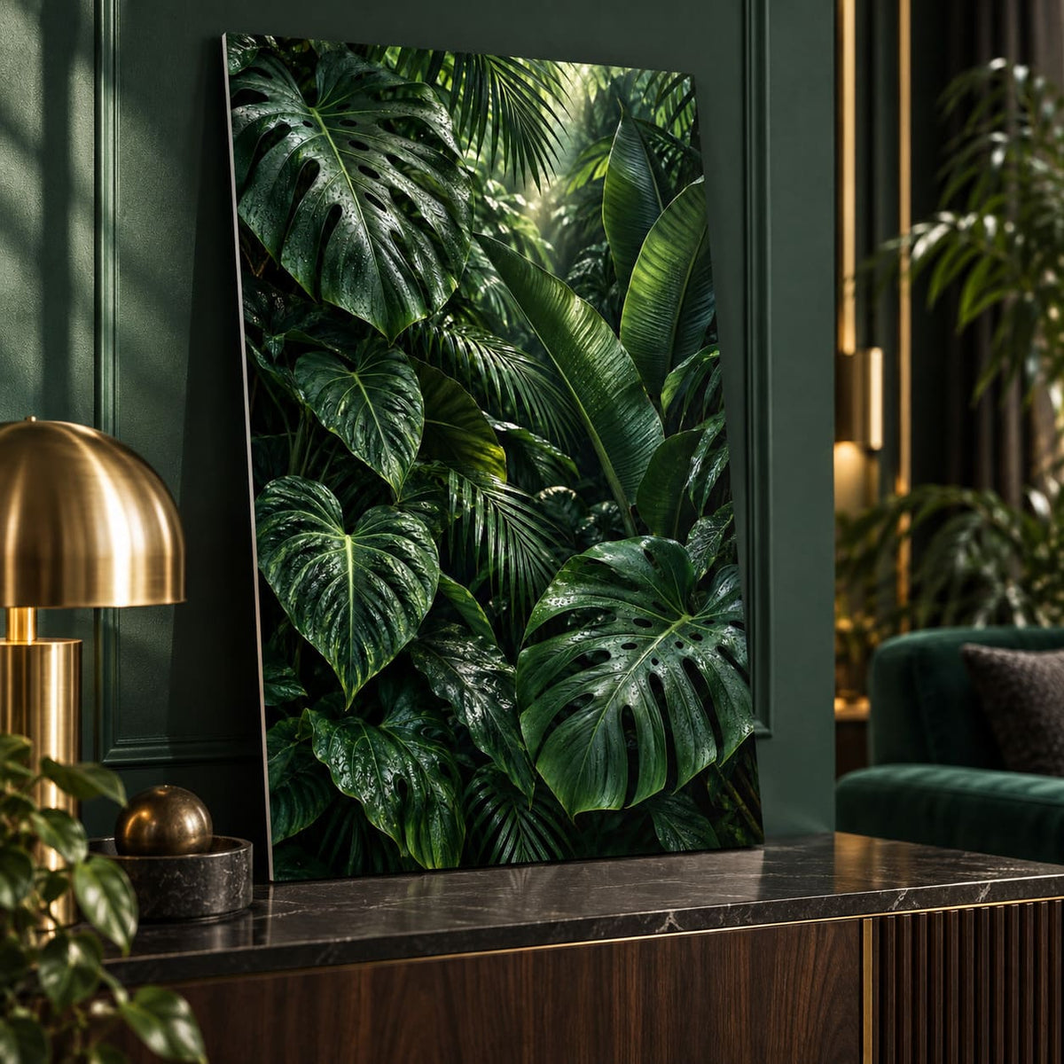 Dark Green Botanical Leaves Metal Wall Art displayed in a styled interior