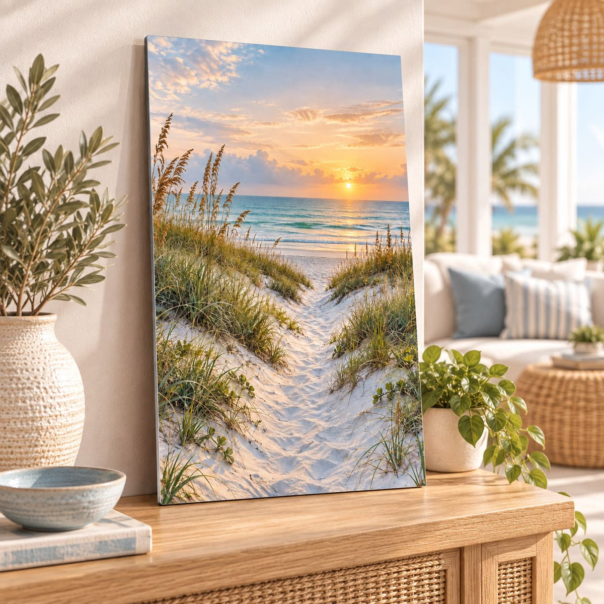 Coastal Beach Path Metal Wall Art displayed in a styled interior