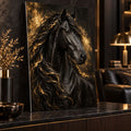 Black and Gold Horse Wall Art on Metal displayed in a styled interior
