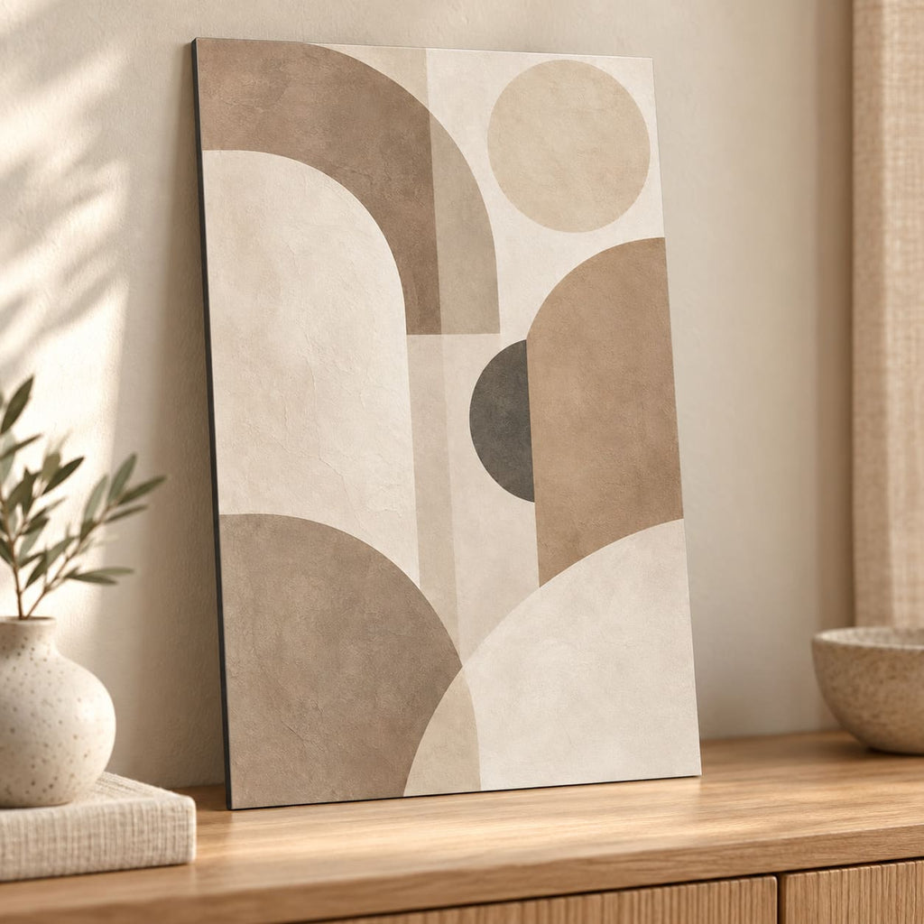 Neutral Beige Abstract Wall Art on Metal displayed in a styled interior