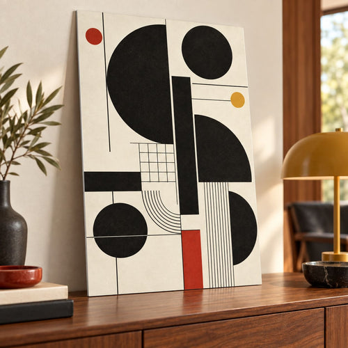 Black Geometric Bauhaus Metal Wall Art displayed in a styled interior