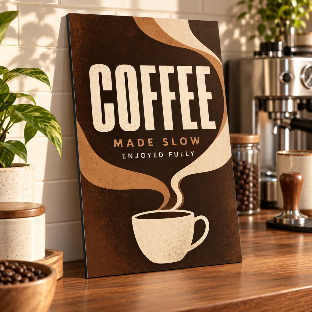Modern Coffee Kitchen Wall Art on Metal displayed in a styled interior