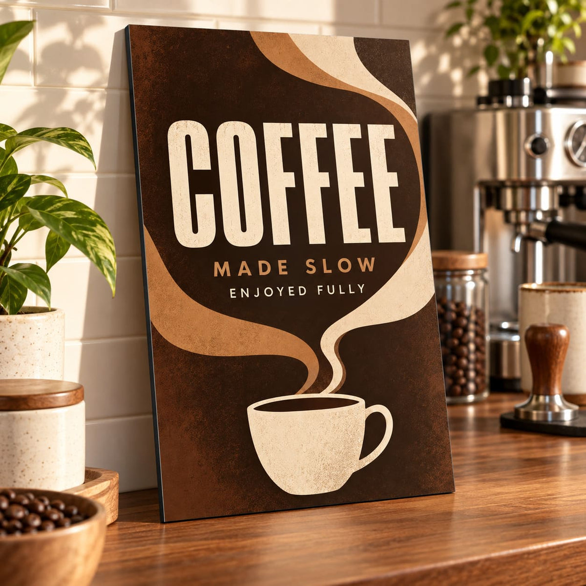 Modern Coffee Kitchen Wall Art on Metal displayed in a styled interior