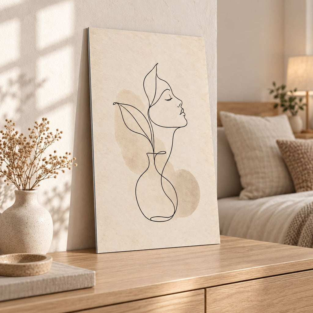 Minimalist Neutral Line Art Metal Print displayed in a styled interior