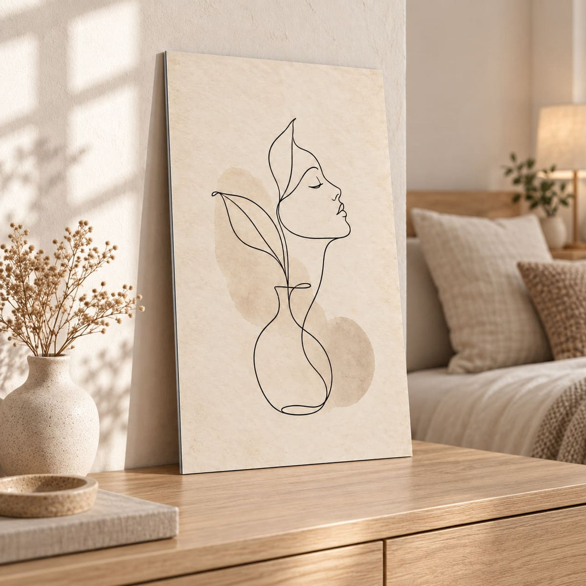 Minimalist Neutral Line Art Metal Print displayed in a styled interior
