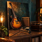 Vintage Guitar and Vinyl Music Metal Wall Art displayed in a styled interior